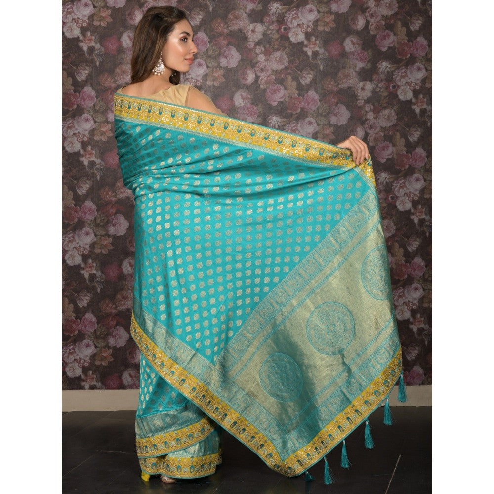 Odette Women Blue Silk Blend Woven Saree with Unstitched Blouse