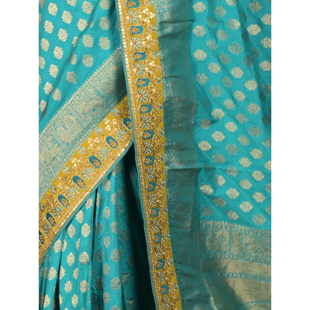 Odette Women Blue Silk Blend Woven Saree with Unstitched Blouse