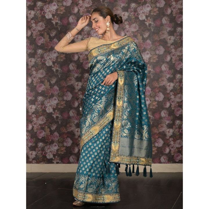 Odette Women Teal Silk Blend Woven Saree with Unstitched Blouse