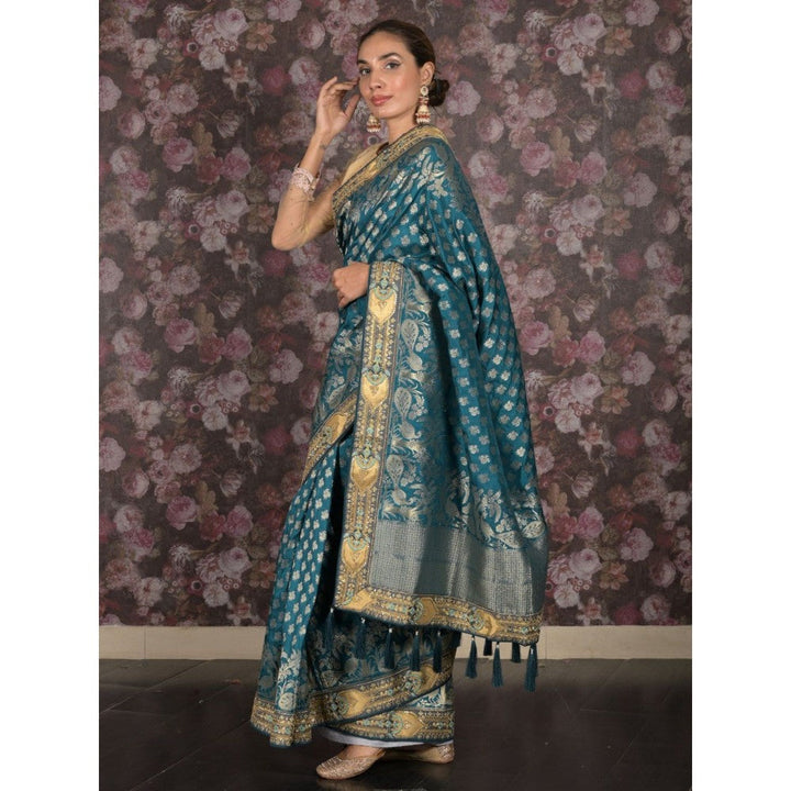 Odette Women Teal Silk Blend Woven Saree with Unstitched Blouse