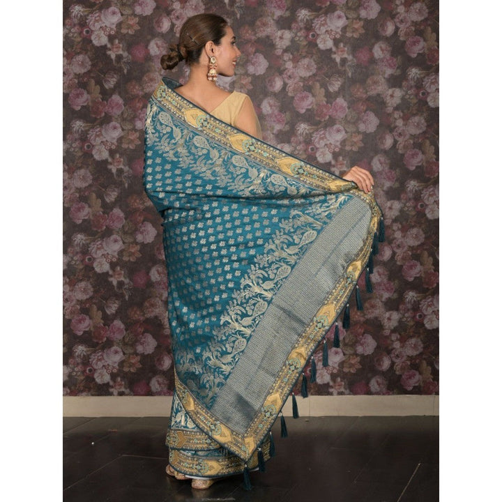 Odette Women Teal Silk Blend Woven Saree with Unstitched Blouse