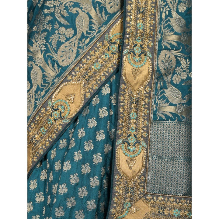 Odette Women Teal Silk Blend Woven Saree with Unstitched Blouse