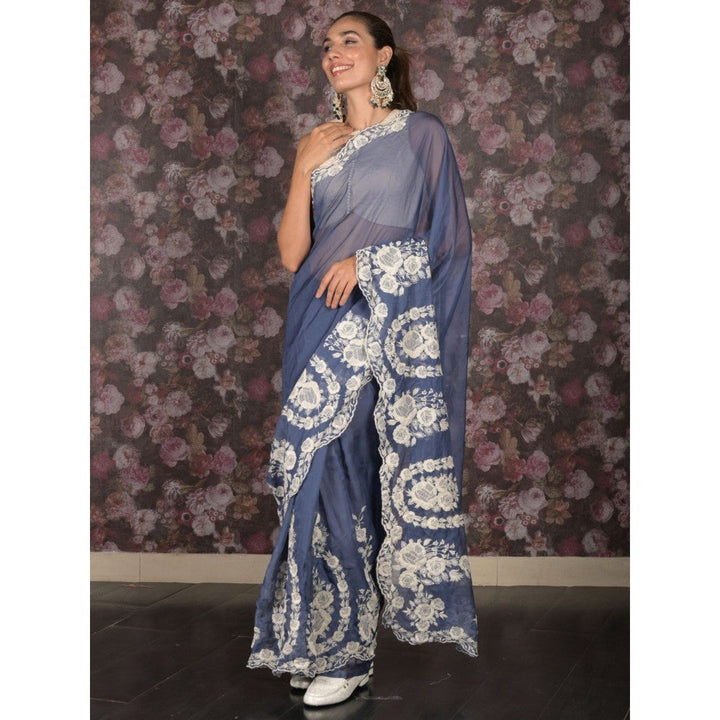 Odette Women Navy Blue Organza Embroidered Saree with Unstitched Blouse