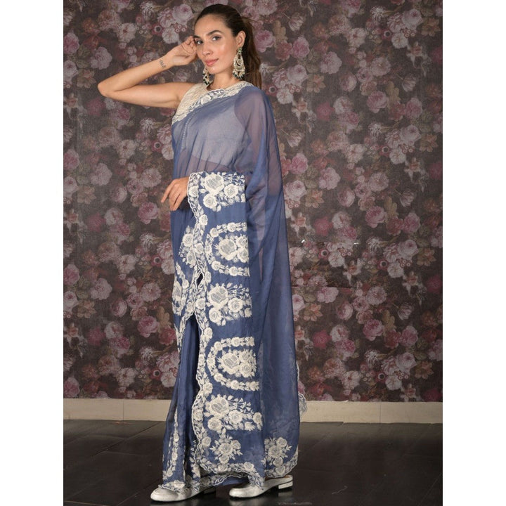 Odette Women Navy Blue Organza Embroidered Saree with Unstitched Blouse