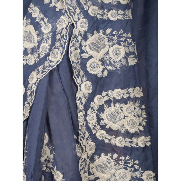 Odette Women Navy Blue Organza Embroidered Saree with Unstitched Blouse