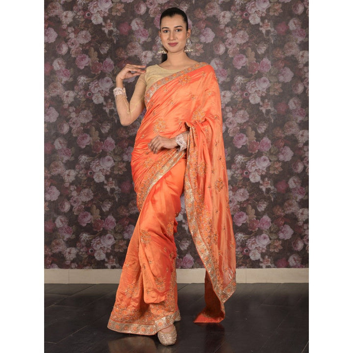 Odette Women Orange Crepe Embroidered Saree