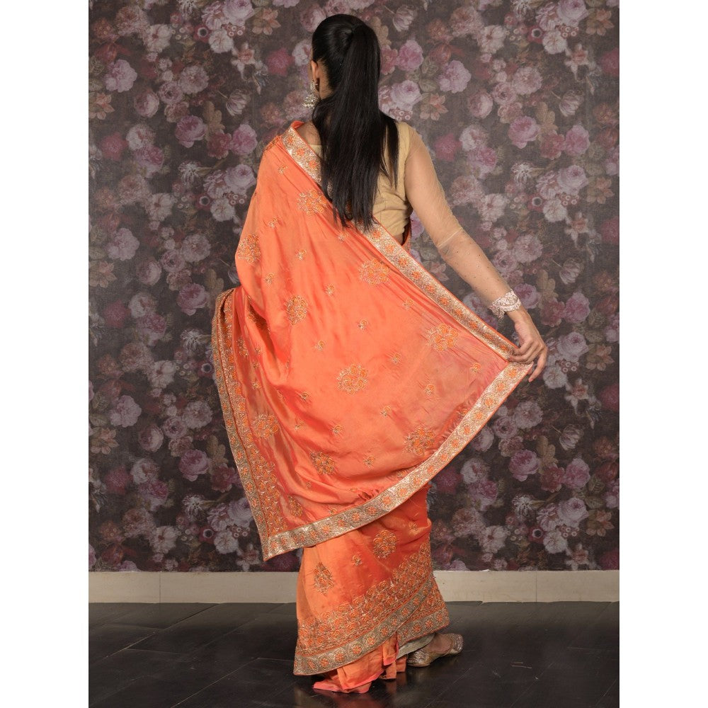 Odette Women Orange Crepe Embroidered Saree