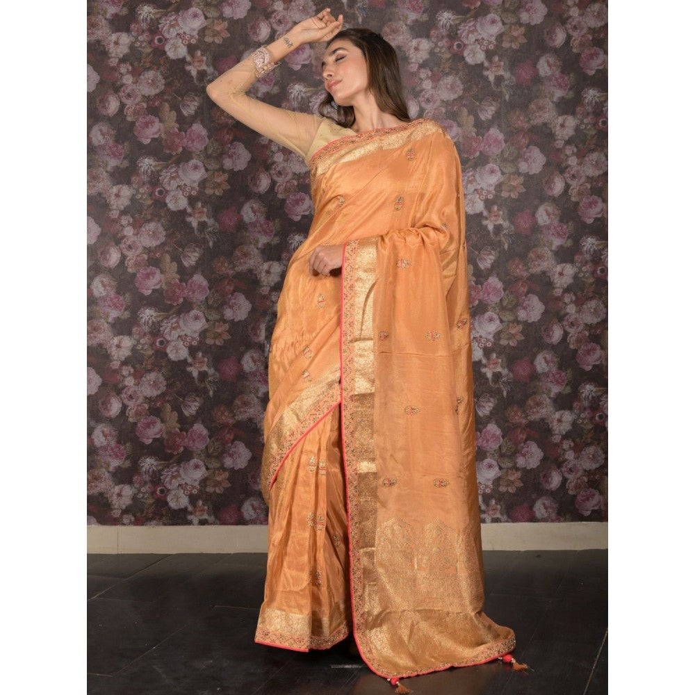 Odette Women Orange Silk Blend Embroidered Saree with Unstitched Blouse