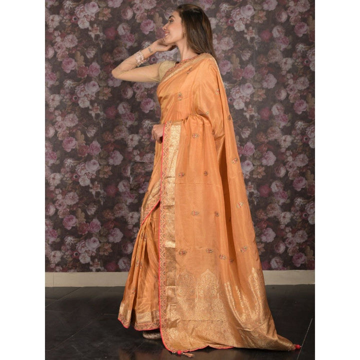 Odette Women Orange Silk Blend Embroidered Saree with Unstitched Blouse