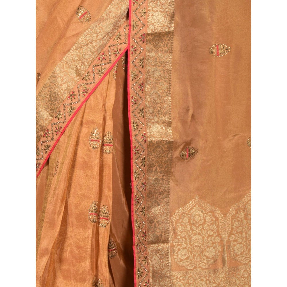 Odette Women Orange Silk Blend Embroidered Saree with Unstitched Blouse