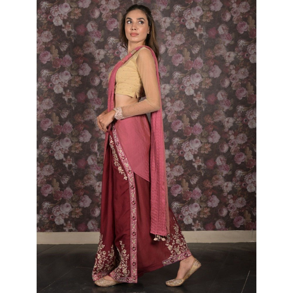 Odette Women Maroon Crepe Embroidered Saree with Unstitched Blouse