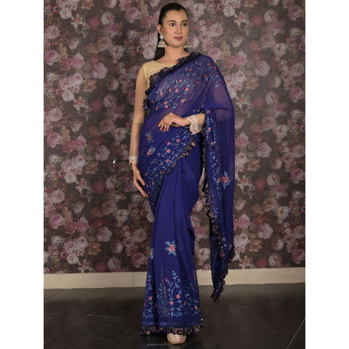 Odette Women Navy Blue Georgette Embroidered Saree with Unstitched Blouse