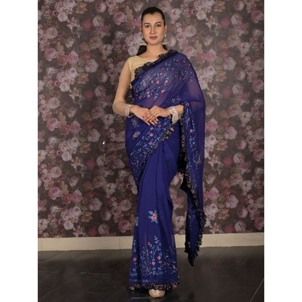 Odette Women Navy Blue Georgette Embroidered Saree with Unstitched Blouse