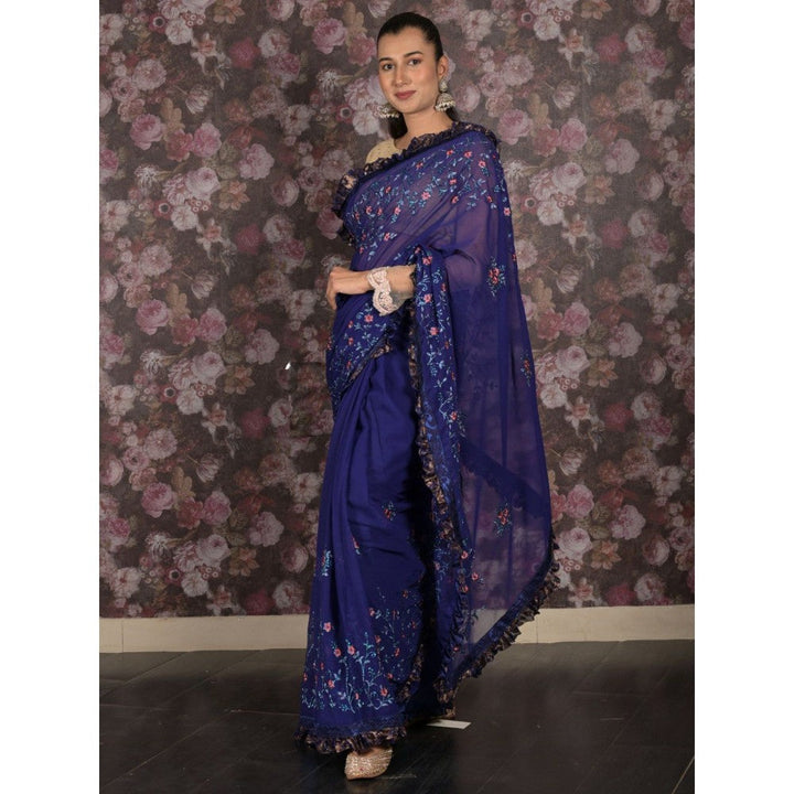 Odette Women Navy Blue Georgette Embroidered Saree with Unstitched Blouse