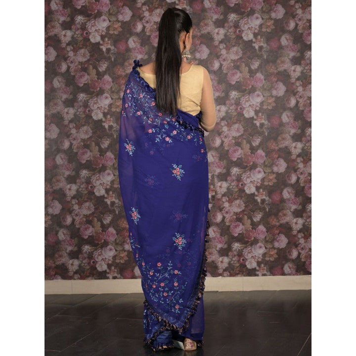 Odette Women Navy Blue Georgette Embroidered Saree with Unstitched Blouse