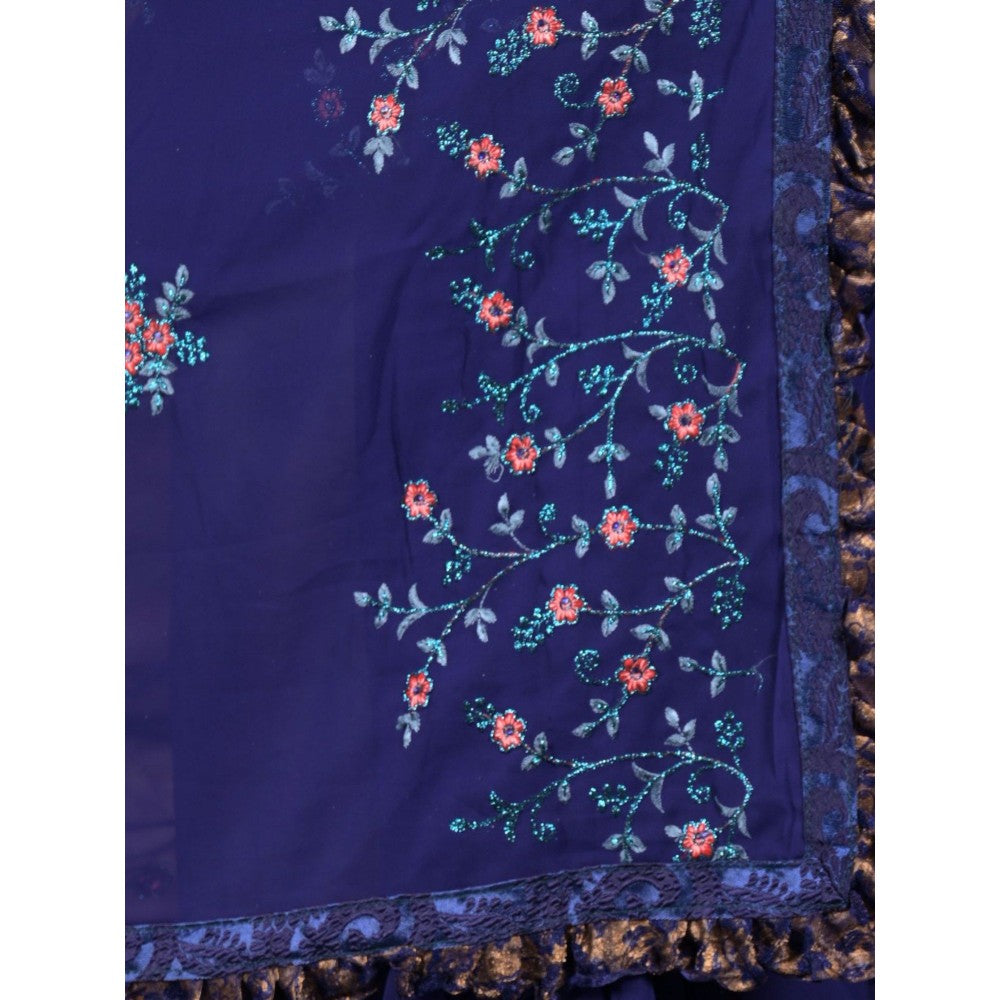 Odette Women Navy Blue Georgette Embroidered Saree with Unstitched Blouse