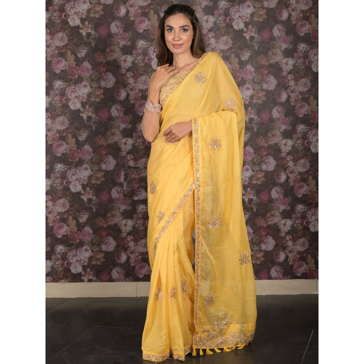 Odette Women Yellow Polyester Embroidered Saree with Unstitched Blouse