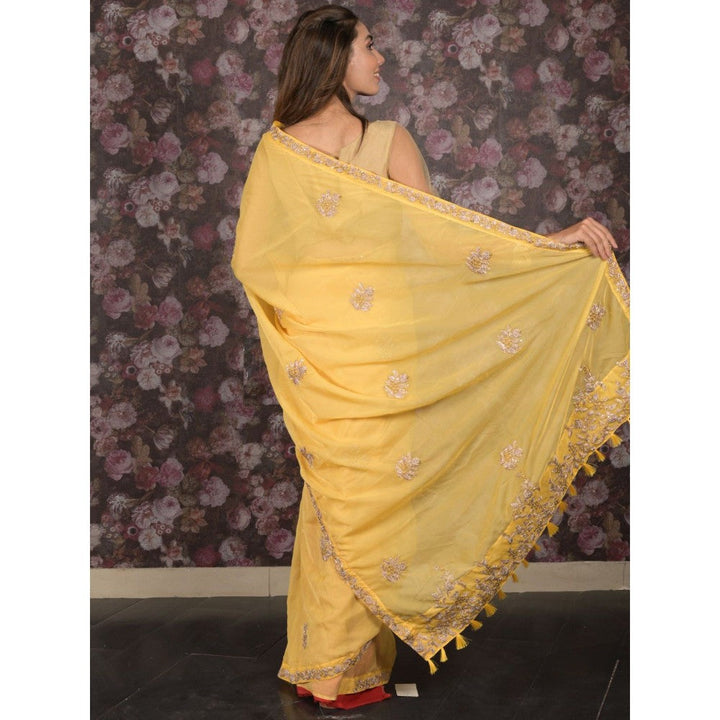 Odette Women Yellow Polyester Embroidered Saree with Unstitched Blouse