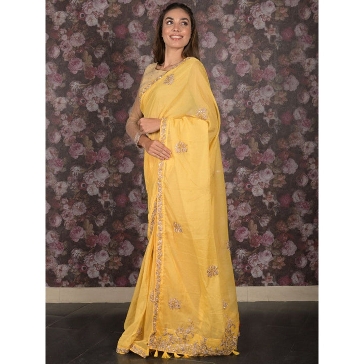 Odette Women Yellow Polyester Embroidered Saree with Unstitched Blouse