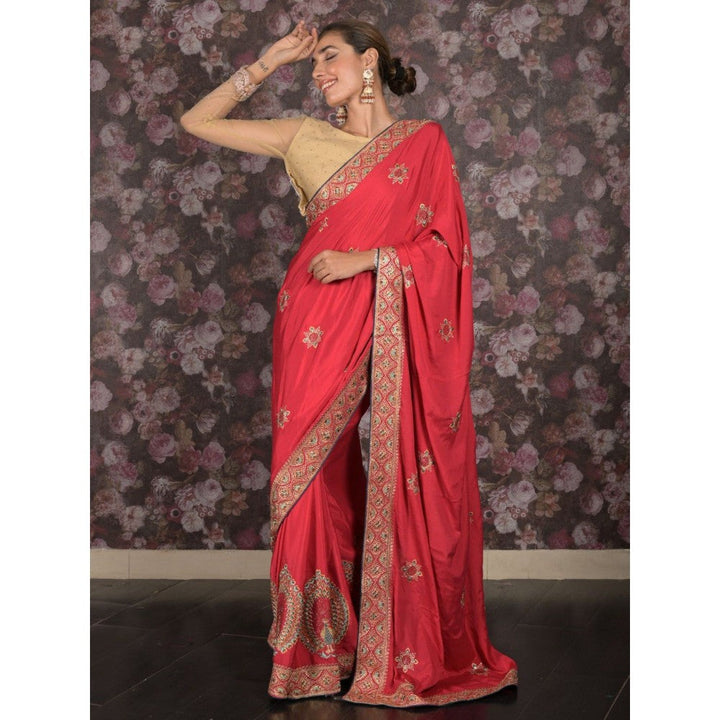 Odette Women Red Crepe Embroidered Saree with Unstitched Blouse