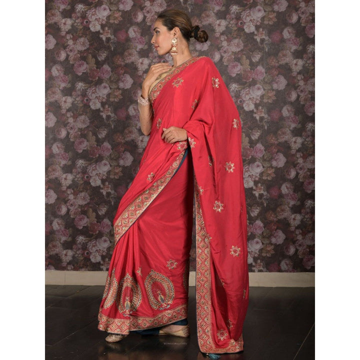 Odette Women Red Crepe Embroidered Saree with Unstitched Blouse