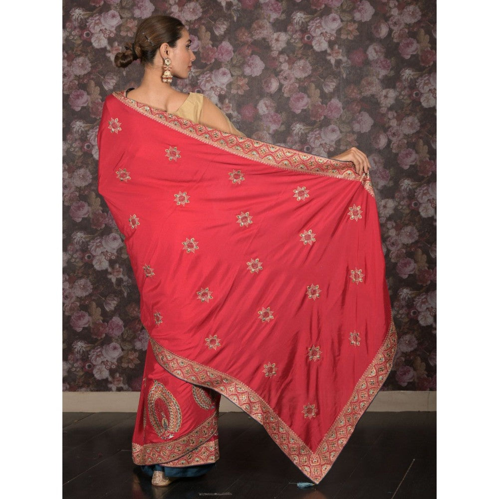 Odette Women Red Crepe Embroidered Saree with Unstitched Blouse