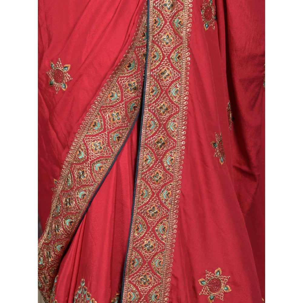 Odette Women Red Crepe Embroidered Saree with Unstitched Blouse