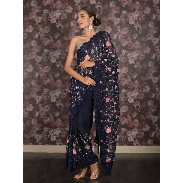 Odette Women Navy Blue Georgette Embroidered Saree with Unstitched Blouse