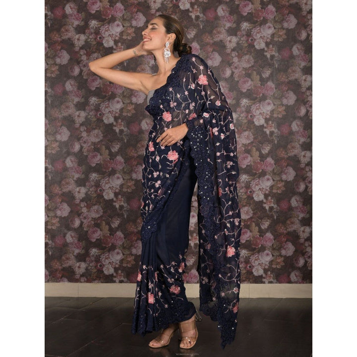 Odette Women Navy Blue Georgette Embroidered Saree with Unstitched Blouse