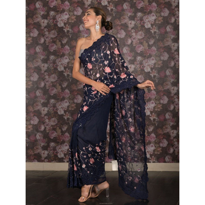 Odette Women Navy Blue Georgette Embroidered Saree with Unstitched Blouse