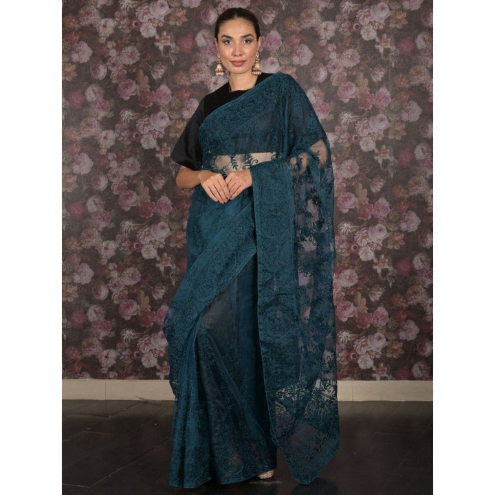 Odette Women Teal Net Embroidered Saree with Unstitched Blouse