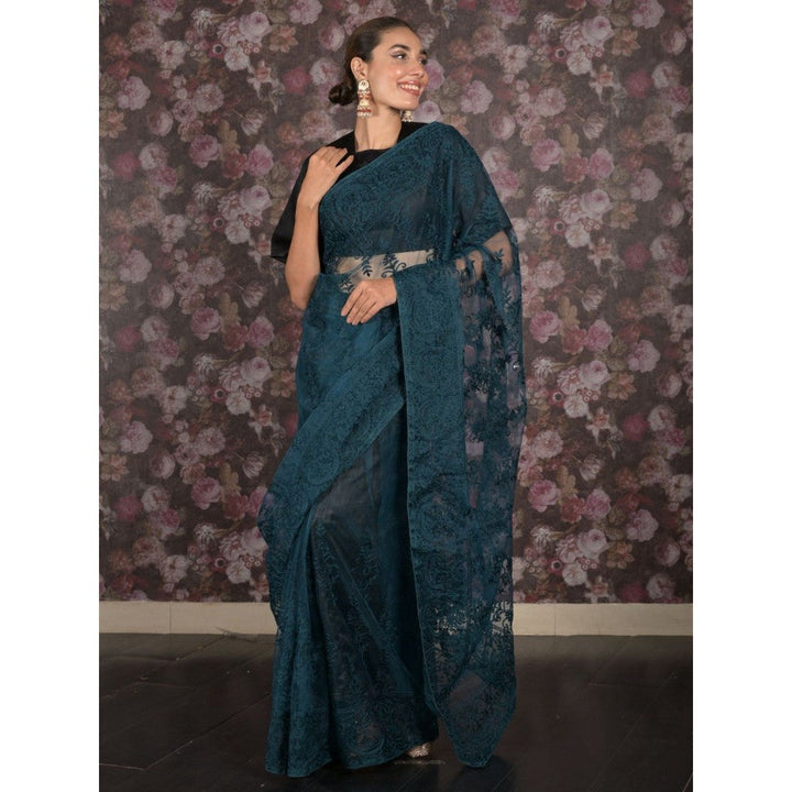 Odette Women Teal Net Embroidered Saree with Unstitched Blouse