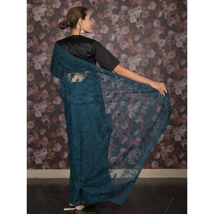 Odette Women Teal Net Embroidered Saree with Unstitched Blouse