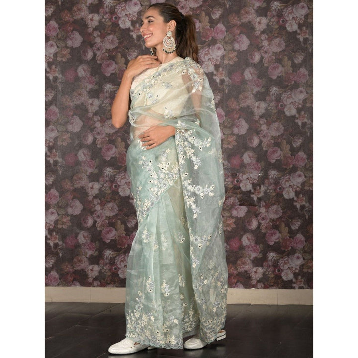 Odette Women Green Organza Embroidered Saree with Unstitched Blouse