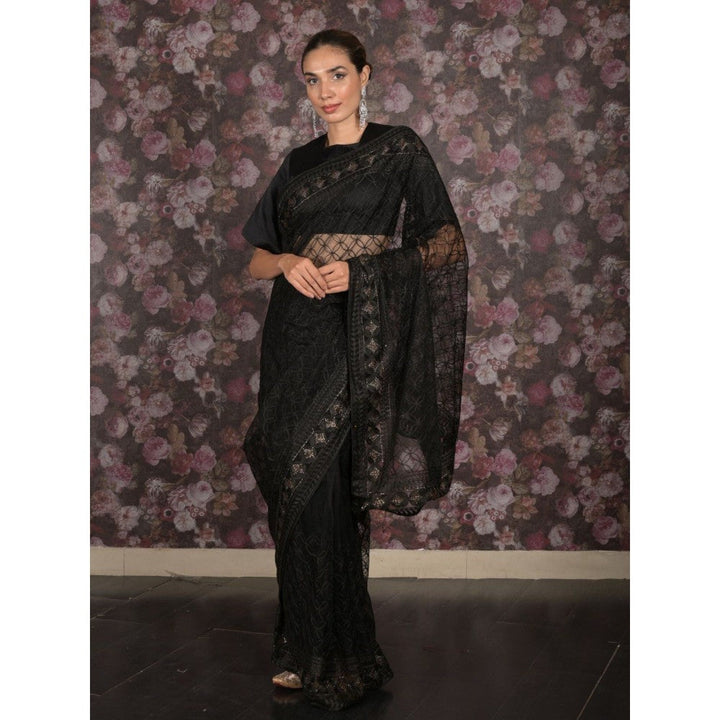 Odette Women Black Net Embroidered Saree with Unstitched Blouse