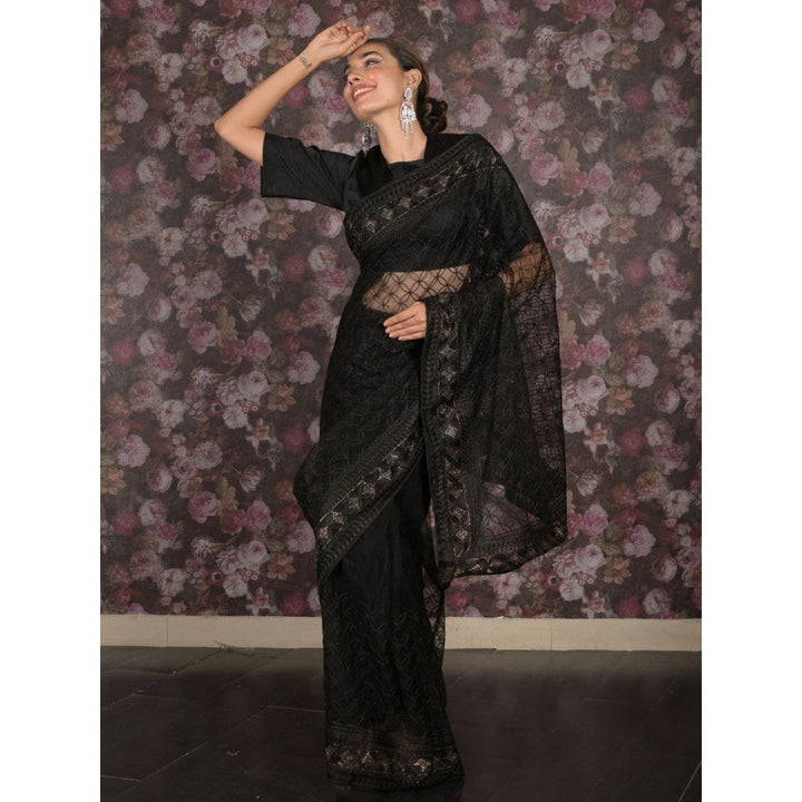 Odette Women Black Net Embroidered Saree with Unstitched Blouse