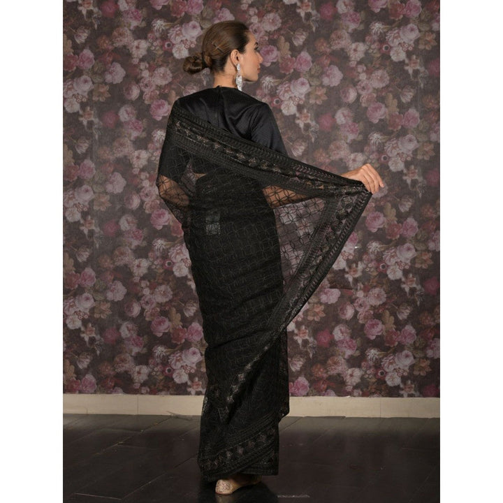 Odette Women Black Net Embroidered Saree with Unstitched Blouse