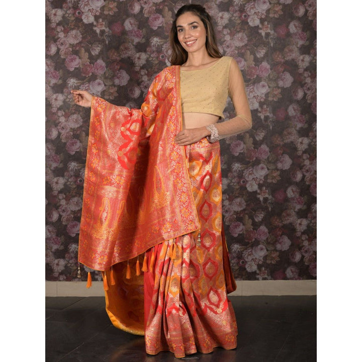 Odette Women Yellow Silk Blend Embroidered Saree with Unstitched Blouse