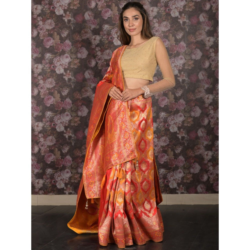 Odette Women Yellow Silk Blend Embroidered Saree with Unstitched Blouse