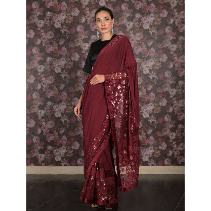 Odette Women Maroon Lycra Embroidered Saree with Unstitched Blouse