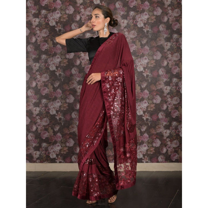 Odette Women Maroon Lycra Embroidered Saree with Unstitched Blouse