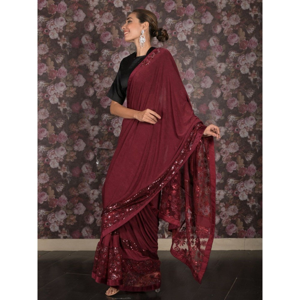 Odette Women Maroon Lycra Embroidered Saree with Unstitched Blouse