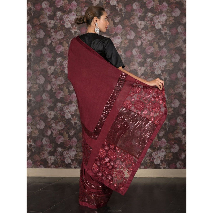 Odette Women Maroon Lycra Embroidered Saree with Unstitched Blouse