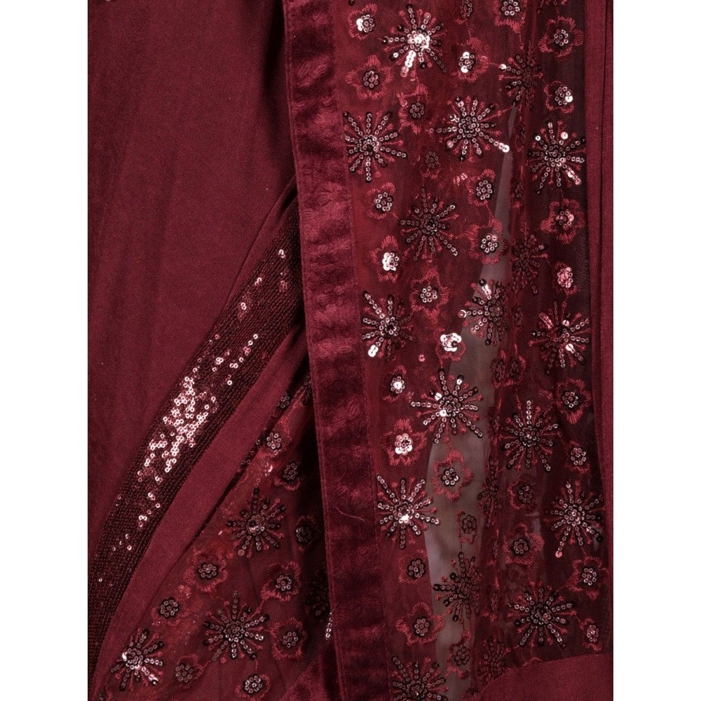 Odette Women Maroon Lycra Embroidered Saree with Unstitched Blouse