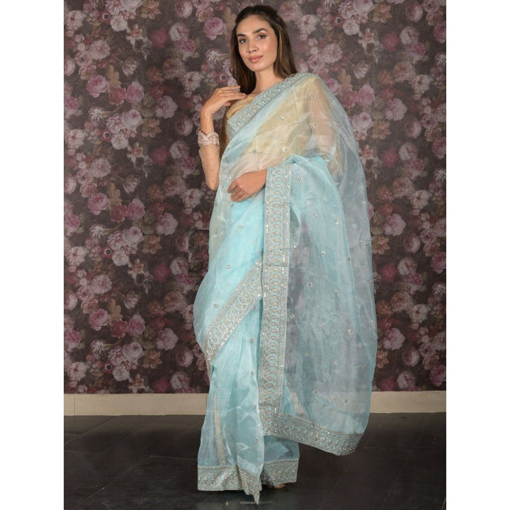 Odette Women Blue Organza Embroidered Saree with Unstitched Blouse