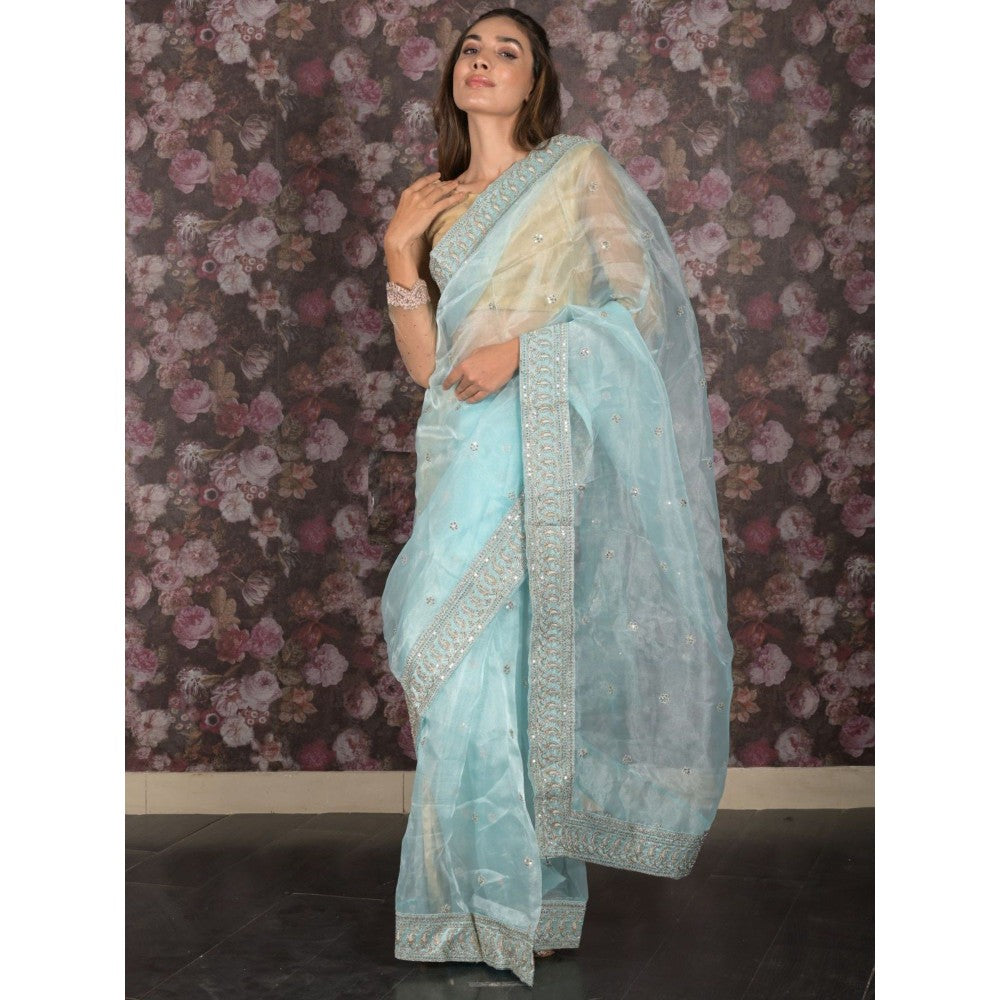 Odette Women Blue Organza Embroidered Saree with Unstitched Blouse