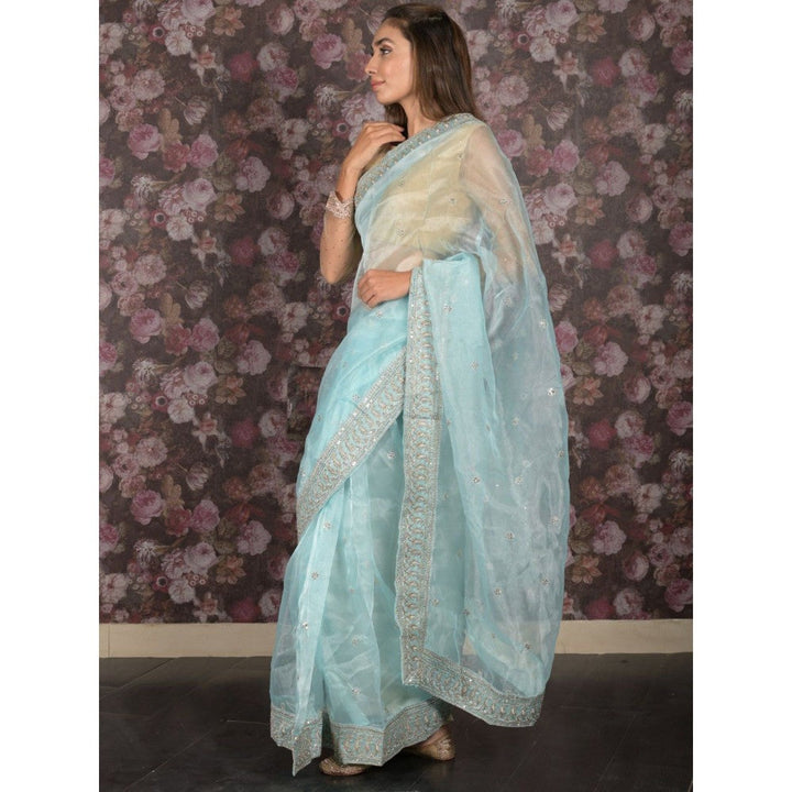 Odette Women Blue Organza Embroidered Saree with Unstitched Blouse