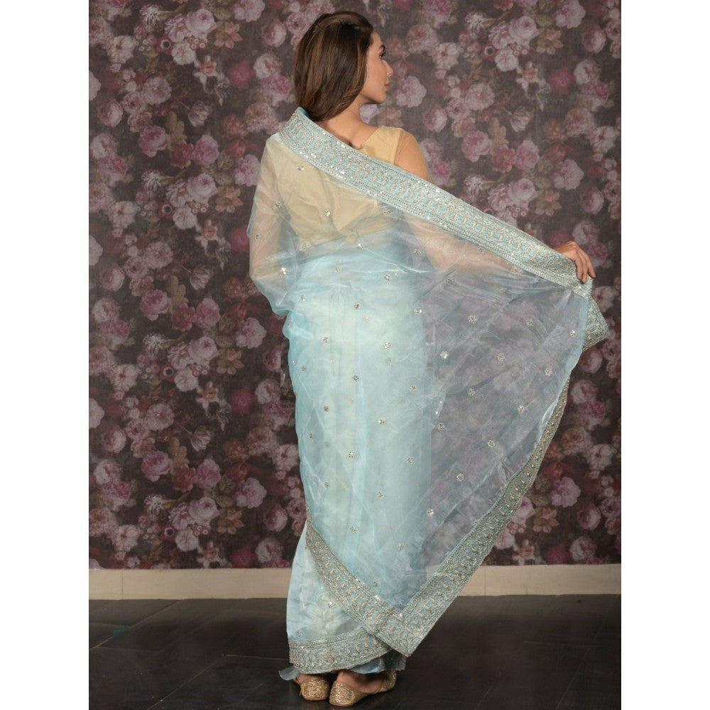 Odette Women Blue Organza Embroidered Saree with Unstitched Blouse