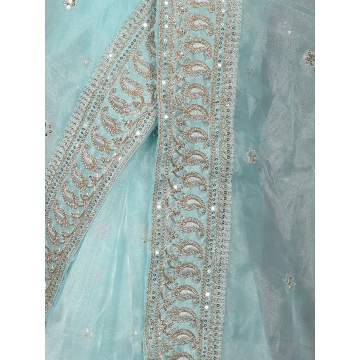 Odette Women Blue Organza Embroidered Saree with Unstitched Blouse