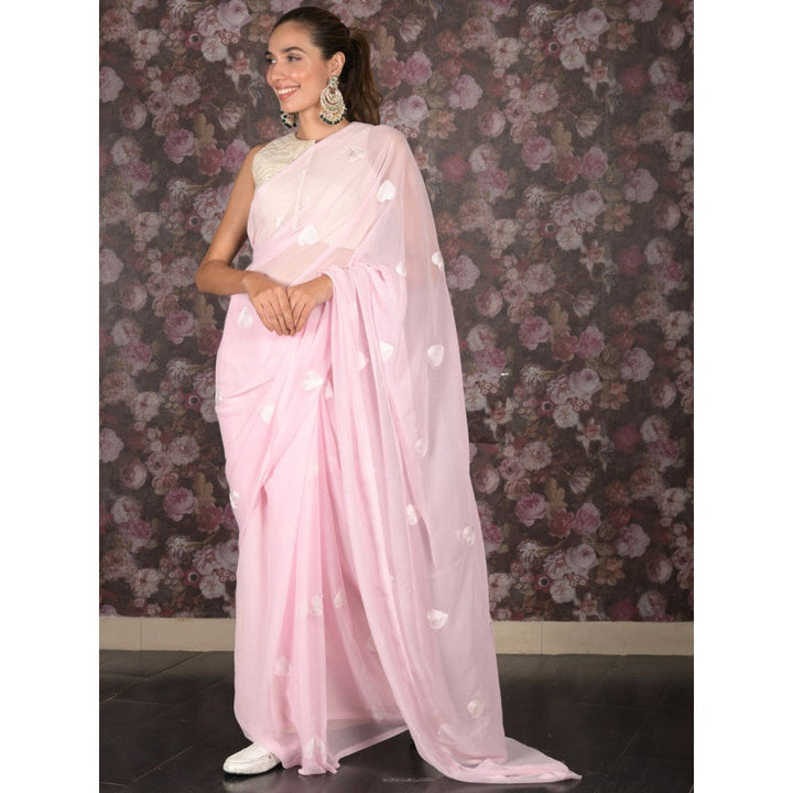 Odette Women Pink Georgette Embroidered Saree with Unstitched Blouse